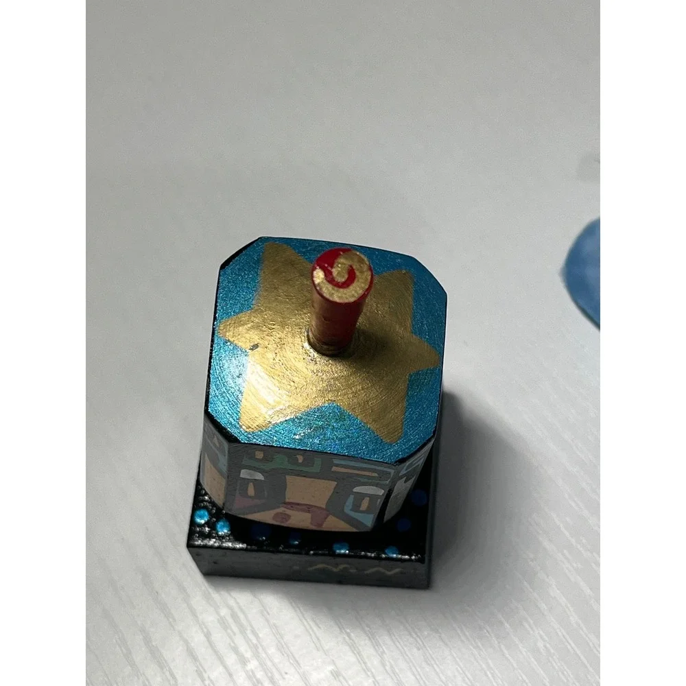Hand Painted Wooden Dreidel Signed NN Judaica Folk Art Collectible Display Stand